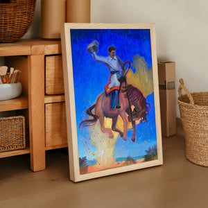 Bronco Buster Night rodeo art print by Caya Crum — framed vertical room scene
