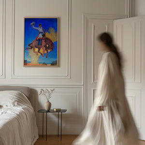 Bronco Buster Night rodeo art print by Caya Crum — framed vertical room scene