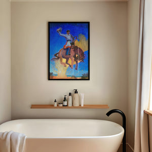 Bronco Buster Night rodeo art print by Caya Crum — framed vertical room scene