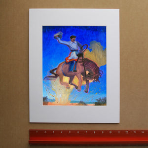 Bronco Buster Night rodeo art print by Caya Crum — framed vertical room scene