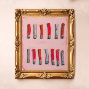 Cigarette Study in Pink art print by Caya Crum — thirteen spent cigarettes laid out in rows on a soft pink ground, square pink wall art available at crumart.com. This museum quality print is made right here in Texas.
