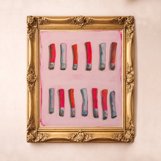 Cigarette Study in Pink art print by Caya Crum — thirteen spent cigarettes laid out in rows on a soft pink ground, square pink wall art available at crumart.com. This museum quality print is made right here in Texas.