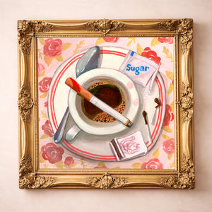 Cigarettes and Coffee art print in a gold frame by Caya Crum — a lit cigarette across a cup of coffee on a rose tablecloth, kitchen and coffee bar wall art at crumart.com. This museum quality print is made right here in Texas.