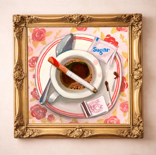 Cigarettes and Coffee art print in a gold frame by Caya Crum — a lit cigarette across a cup of coffee on a rose tablecloth, kitchen and coffee bar wall art at crumart.com. This museum quality print is made right here in Texas.