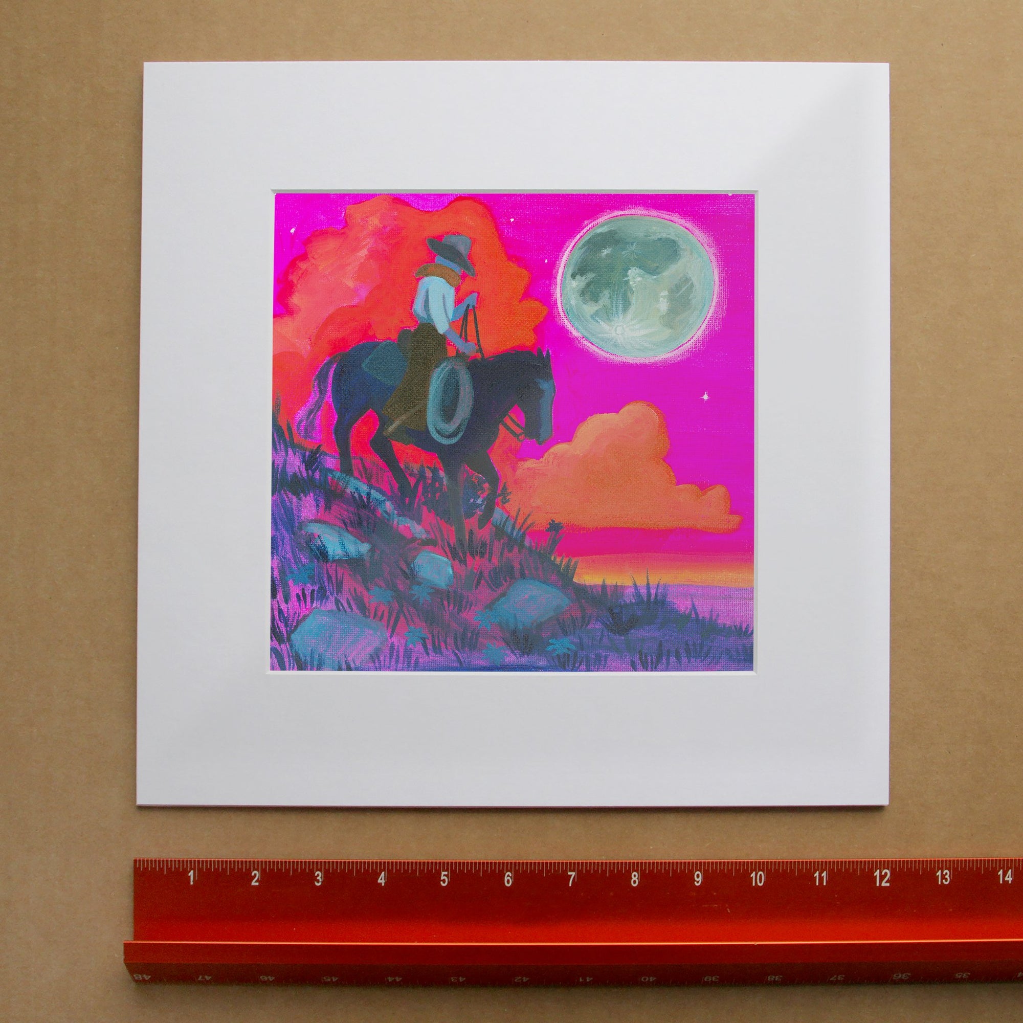 Cowboy & Cowgirl Full Moon cowboy art print by Caya Crum — framed room mockup