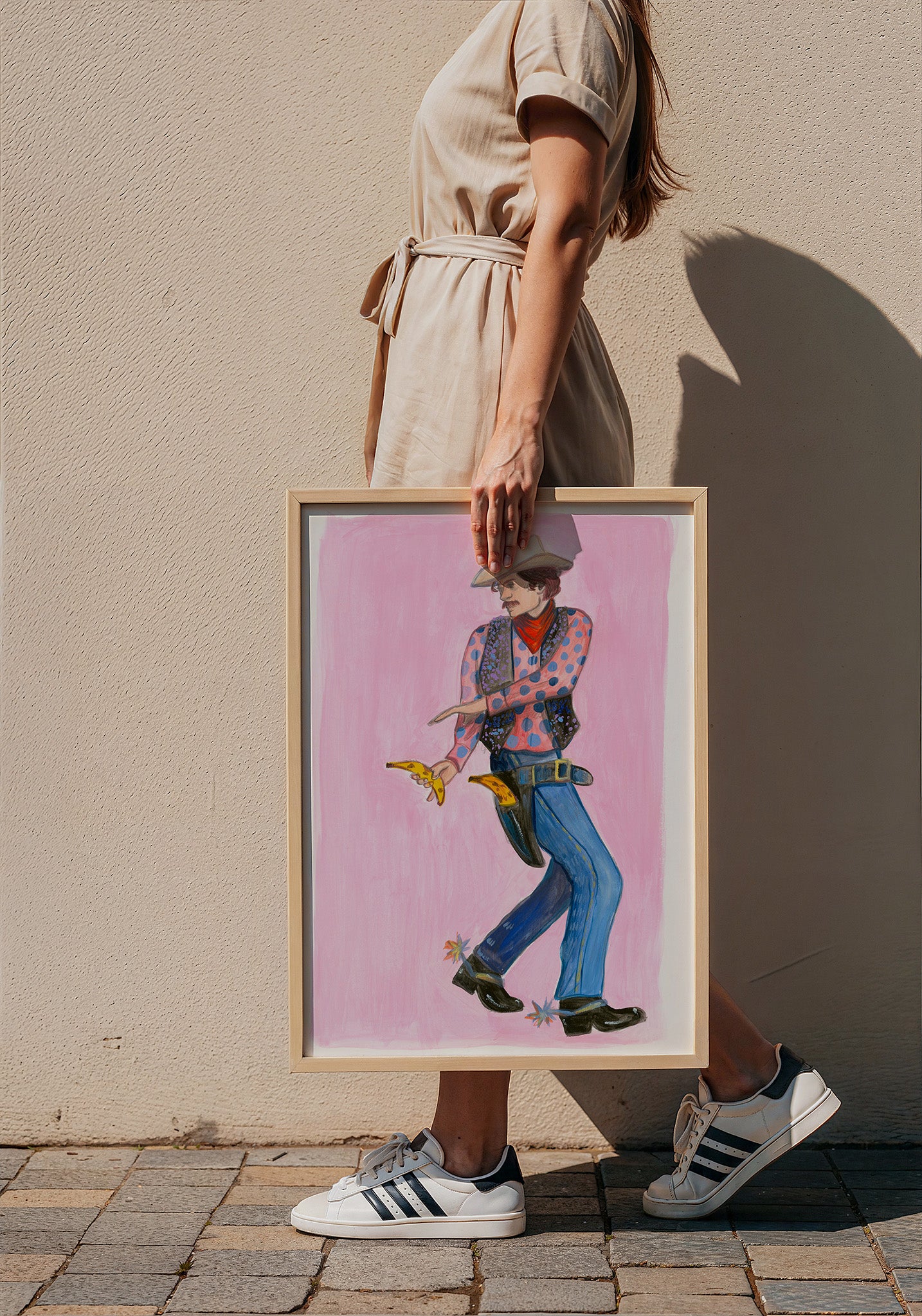 Banana Guns cowboy art print by Caya Crum — framed with velvet mat