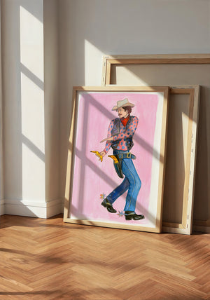 Banana Guns cowboy art print by Caya Crum — neutral frame room mockup