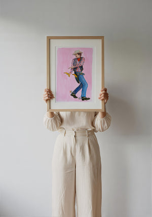 Banana Guns cowboy art print by Caya Crum — framed with velvet mat
