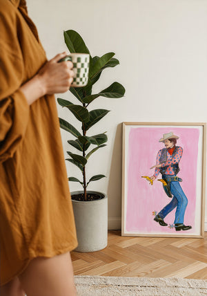 Banana Guns cowboy art print by Caya Crum — framed with velvet mat