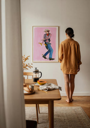 Banana Guns cowboy art print by Caya Crum — framed with velvet mat