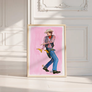 Banana Guns cowboy art print by Caya Crum — neutral frame room mockup