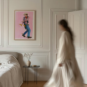 Banana Guns cowboy art print by Caya Crum — framed vertical room scene