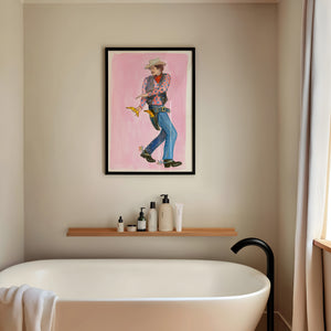 Banana Guns cowboy art print by Caya Crum — framed vertical room scene