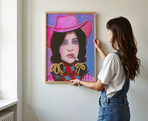 Billie cowgirl art print by Caya Crum — framed vertical room scene