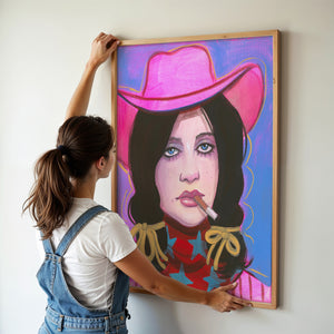 Billie cowgirl art print by Caya Crum — framed vertical room scene