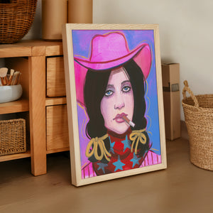 Billie cowgirl art print by Caya Crum — framed vertical room scene