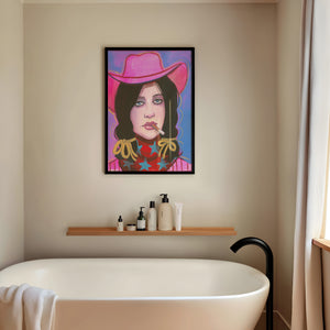 Billie cowgirl art print by Caya Crum — framed vertical room scene