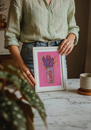Diet Coke & Bluebonnets kitchen art print by Caya Crum — neutral frame room mockup