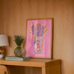 Diet Coke & Bluebonnets kitchen art print by Caya Crum — framed in a wood-accent room