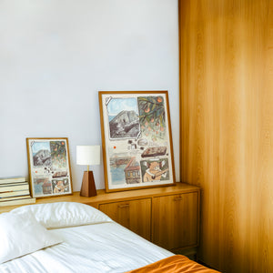 Florence Sketchbook travel art print by Caya Crum — framed in a wood-accent room