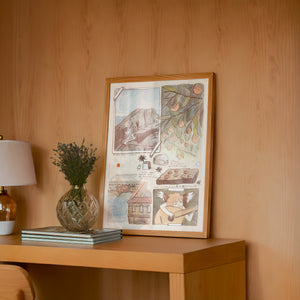 Florence Sketchbook travel art print by Caya Crum — framed in a wood-accent room