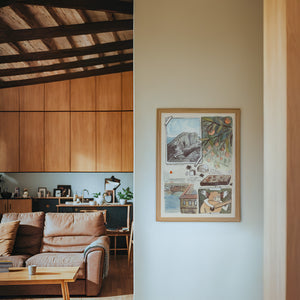 Florence Sketchbook travel art print by Caya Crum — framed in a wood-accent room
