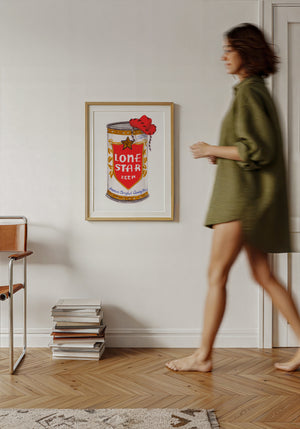 Lone Star beer can in a red cowboy hat print by Caya Crum in an oak frame