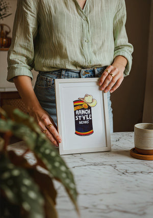 Ranch Style Beans Sketchbook kitchen art print by Caya Crum — neutral frame room mockup