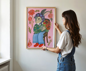 Bunny with Flowers bunny art print by Caya Crum — framed vertical room scene