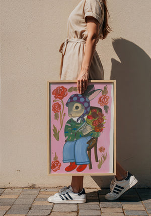 Bunny with Flowers bunny art print by Caya Crum — framed with velvet mat