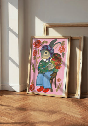 Bunny with Flowers bunny art print by Caya Crum — neutral frame room mockup