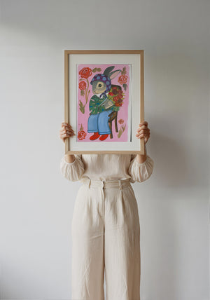 Bunny with Flowers bunny art print by Caya Crum — framed with velvet mat