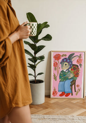 Bunny with Flowers bunny art print by Caya Crum — framed with velvet mat