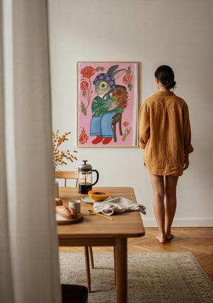 Bunny with Flowers bunny art print by Caya Crum — framed with velvet mat