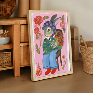 Bunny with Flowers bunny art print by Caya Crum — framed vertical room scene