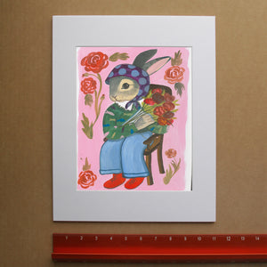 Bunny with Flowers bunny art print by Caya Crum — framed vertical room scene