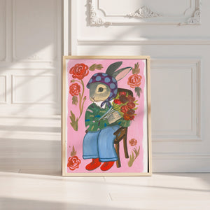 Bunny with Flowers bunny art print by Caya Crum — neutral frame room mockup