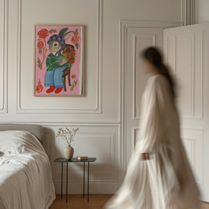 Bunny with Flowers bunny art print by Caya Crum — framed vertical room scene