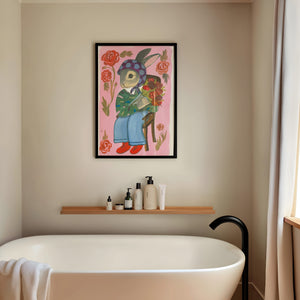 Bunny with Flowers bunny art print by Caya Crum — framed vertical room scene