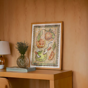 Cigarettes & Oranges Mosaic weirdcore art print by Caya Crum — framed in a wood-accent room