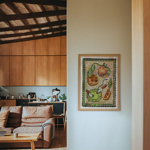 Cigarettes & Oranges Mosaic weirdcore art print by Caya Crum — framed in a wood-accent room