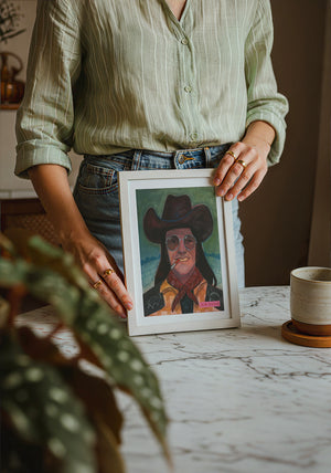 Sir Doug Sahm music wall art print by Caya Crum — neutral frame room mockup