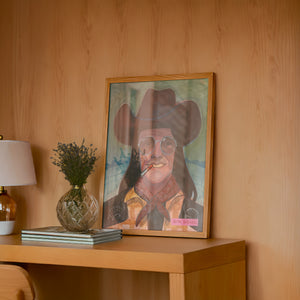 Sir Doug Sahm music wall art print by Caya Crum — framed in a wood-accent room