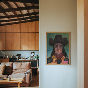 Sir Doug Sahm music wall art print by Caya Crum — framed in a wood-accent room