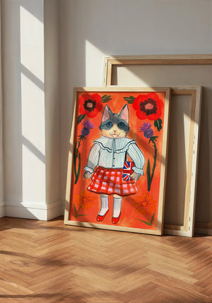 English Schoolgirl Cat cat art print by Caya Crum — neutral frame room mockup
