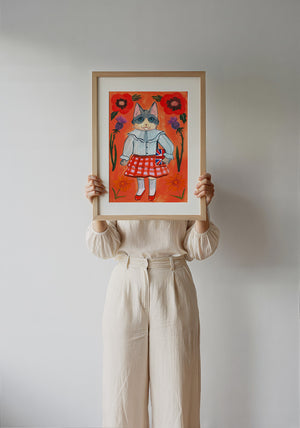 English Schoolgirl Cat cat art print by Caya Crum — framed with velvet mat