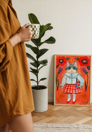 English Schoolgirl Cat cat art print by Caya Crum — framed with velvet mat