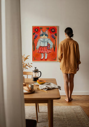 English Schoolgirl Cat cat art print by Caya Crum — framed with velvet mat