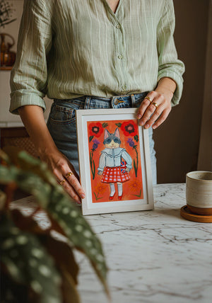 English Schoolgirl Cat cat art print by Caya Crum — neutral frame room mockup