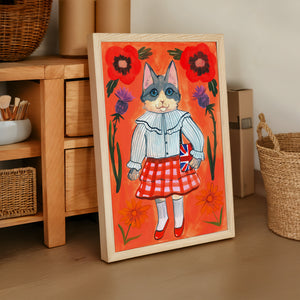 English Schoolgirl Cat cat art print by Caya Crum — framed vertical room scene